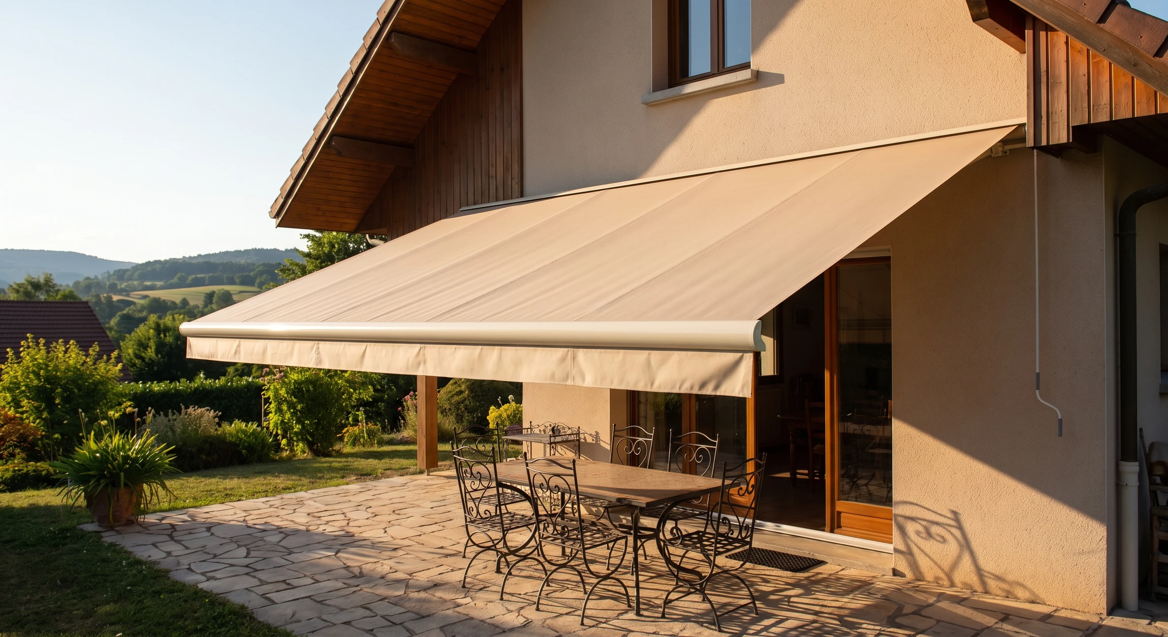 Store banne motorisé à toile beige rétractable déployé en façade d'une maison résidentielle, ombrageant une terrasse dallée avec mobilier de jardin, créant une zone d'ombre bien délimitée en fin d'après-midi.