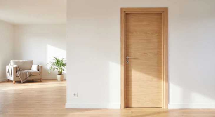 Entrée extérieure d'une maison avec une porte d'entrée moderne en PVC finition chêne doré
