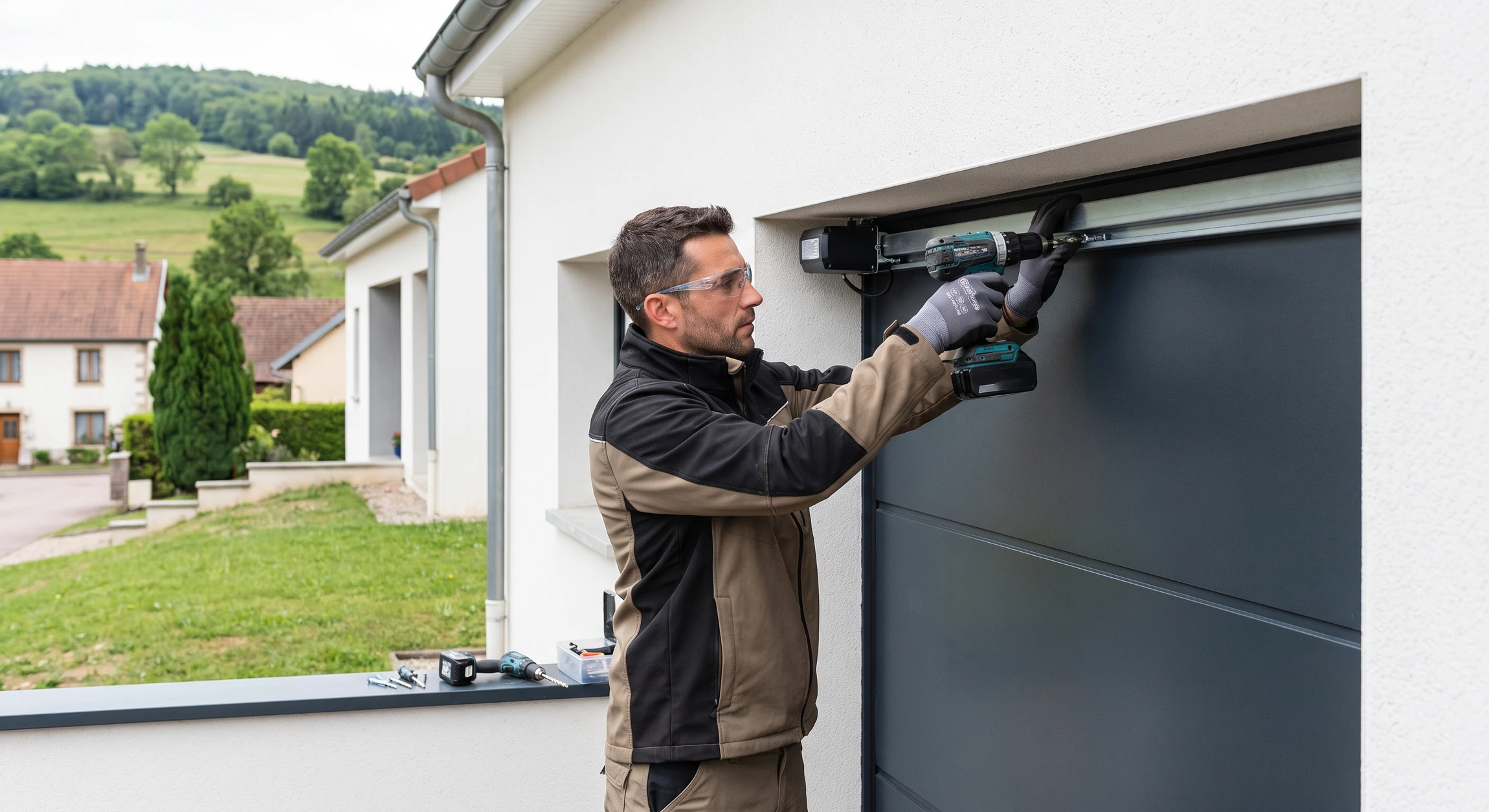 Technicien menuisier en veste de travail installant le rail de motorisation électrique en haut d'une porte de garage sectionnelle anthracite à panneaux horizontaux, sur la façade extérieure blanche d'une maison résidentielle. Action précise de pose : foret, tournevis, fixations visibles, concentration du professionnel sur son travail d'installation.