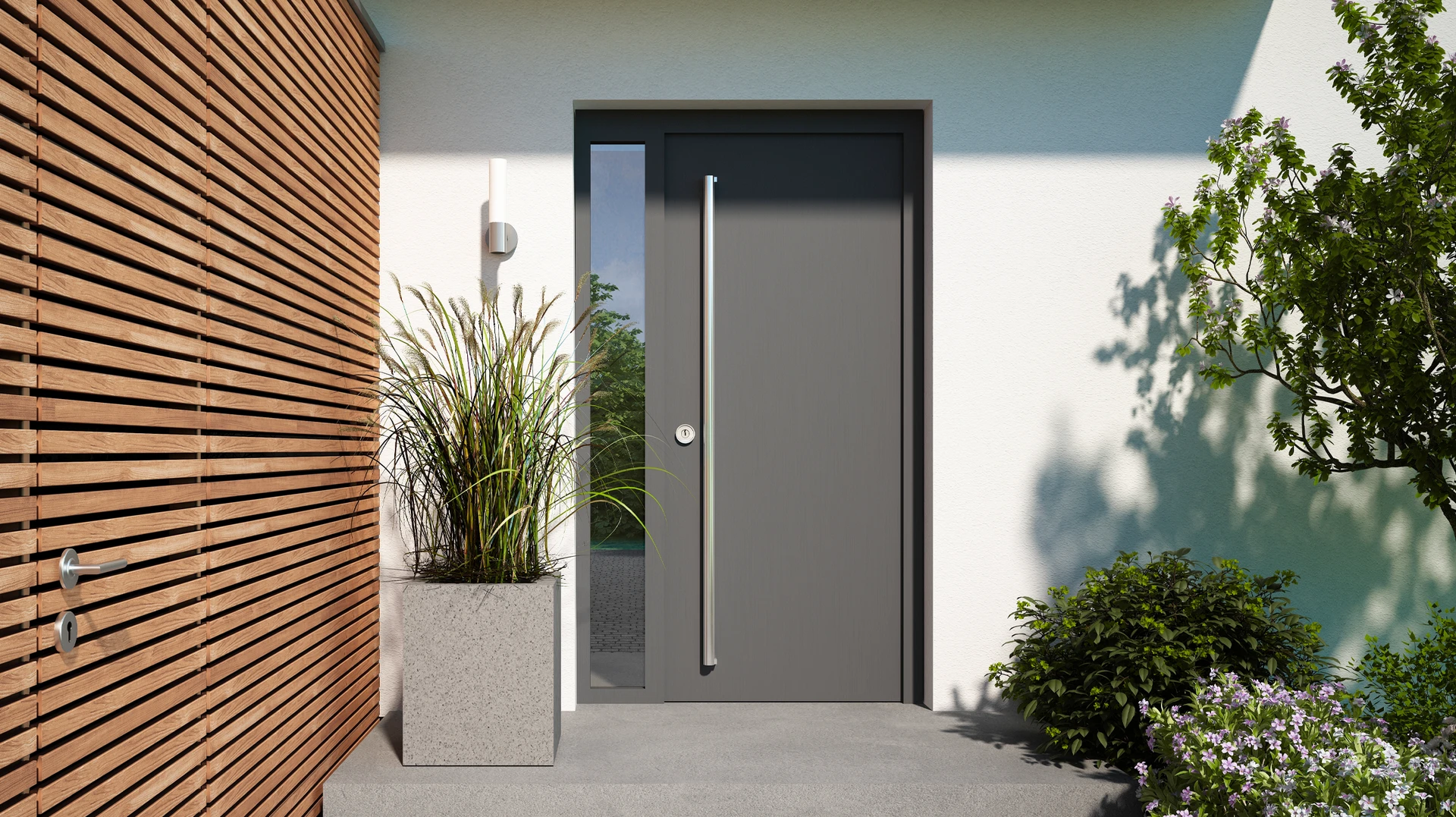 Artisan menuisier en tenue de travail professionnelle installant une fenêtre PVC double vitrage blanche dans une ouverture de mur enduit blanc, depuis l'extérieur d'une maison. L'artisan effectue les derniers ajustements du châssis. Outil à main visible, encadrement mural neuf, lumière naturelle. Composition claire montrant le geste métier de pose de menuiserie extérieure.