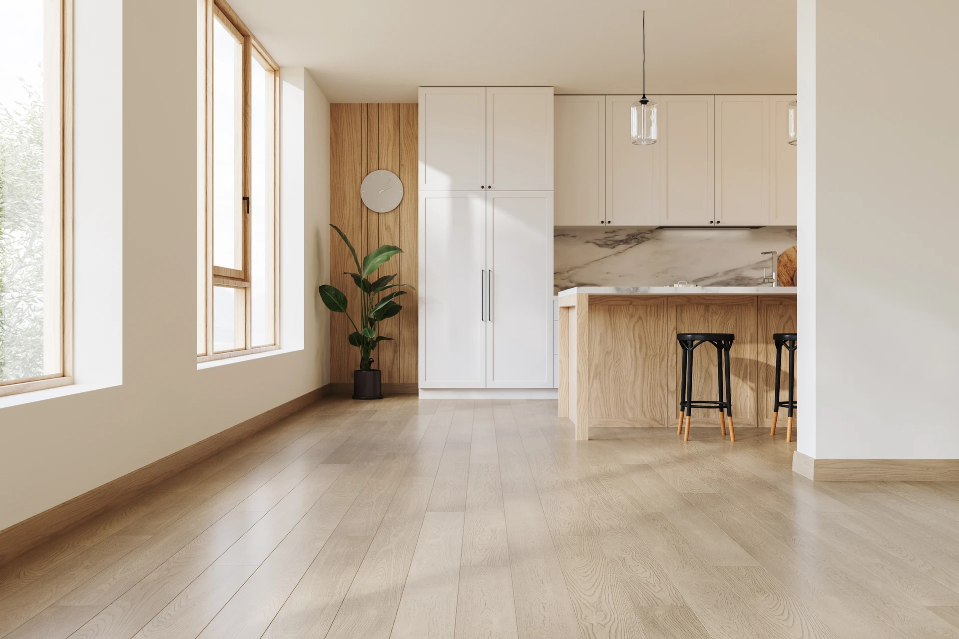 Artisan en tenue de travail posant des lames de parquet contrecollé en bois clair dans un salon, agenouillé au-dessus d'une sous-couche, appliquant de la colle avec un peigne crantée sur les rainures, sol en cours de transformation, ambiance intérieure résidentielle lumineuse.